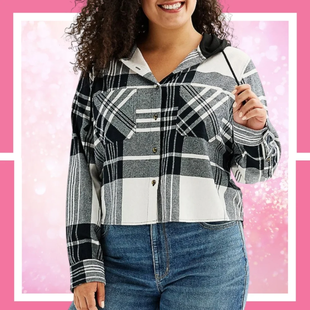 NWT 2XL Cropped Plaid Button Up Hoodie w 2 Pockets & High Low Hemline - Picture 3 of 16